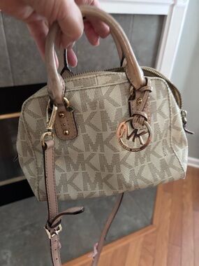 Michael Kors Beige Logo Mini Dome Satchel with Gold Hardware